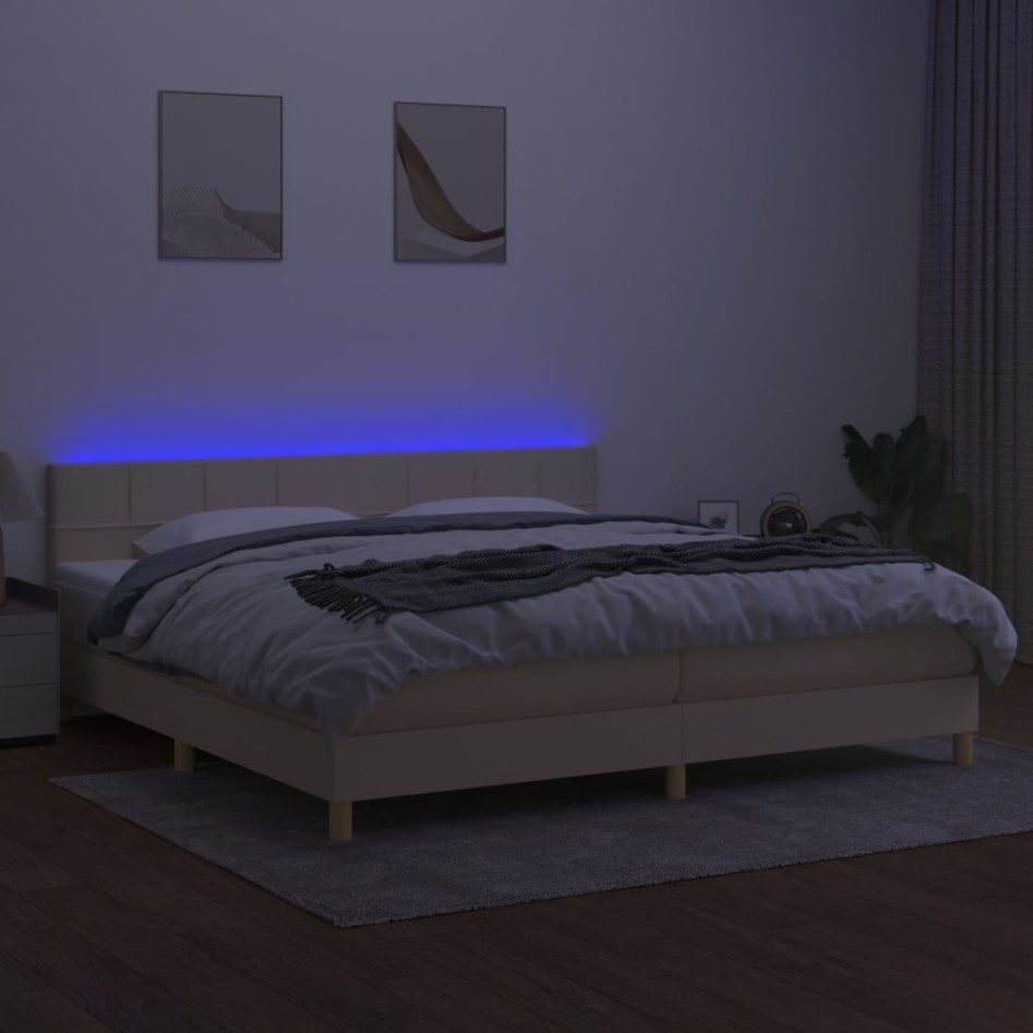 Cama box spring con colchón y LED tela crema 200x200