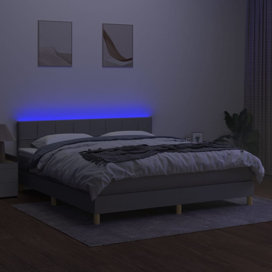 Cama box spring con colchón tela y LED gris claro 180x200