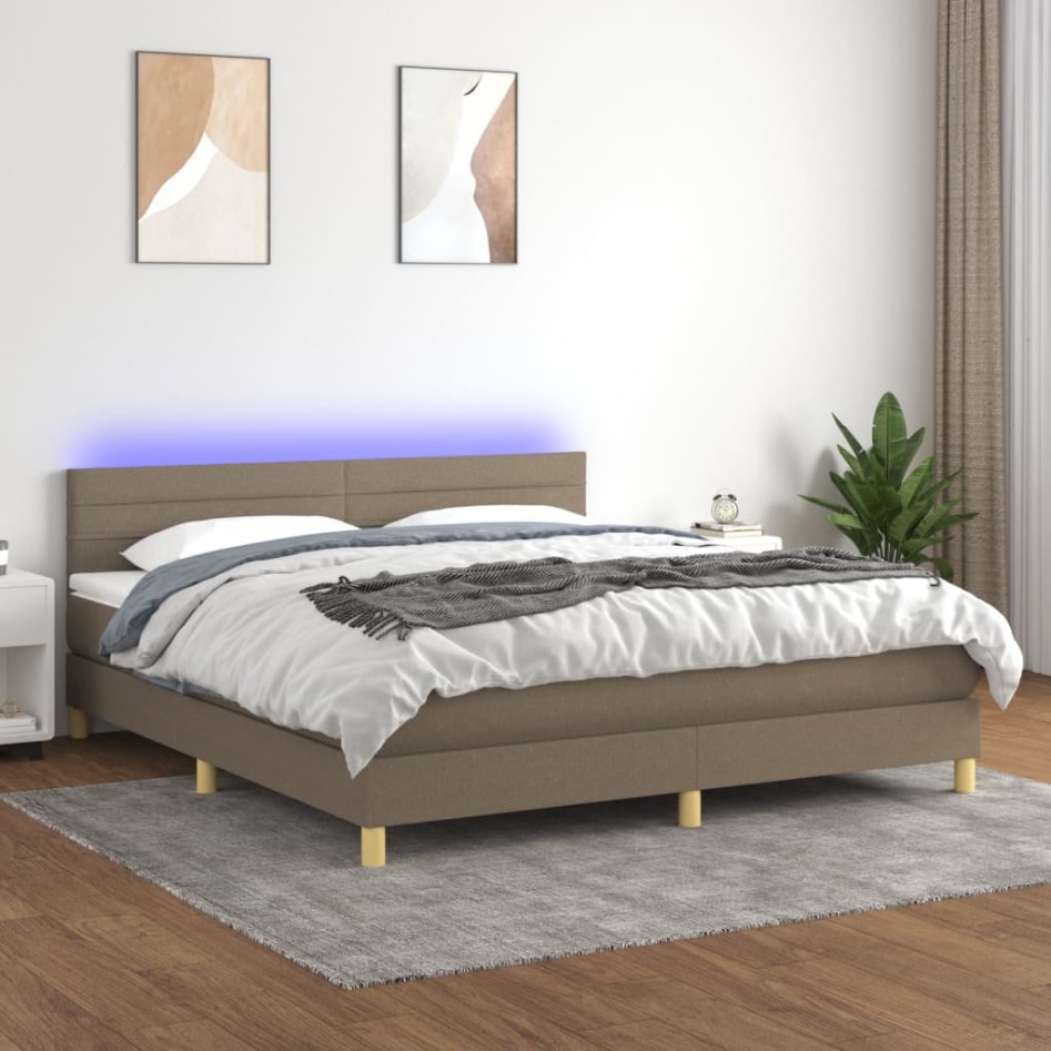 Cama box spring con colchón LED tela gris taupe 160x200