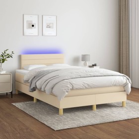 Cama box spring con colchón y LED tela crema 120x200