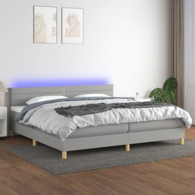 Cama box spring con colchón tela y LED gris claro 200x200