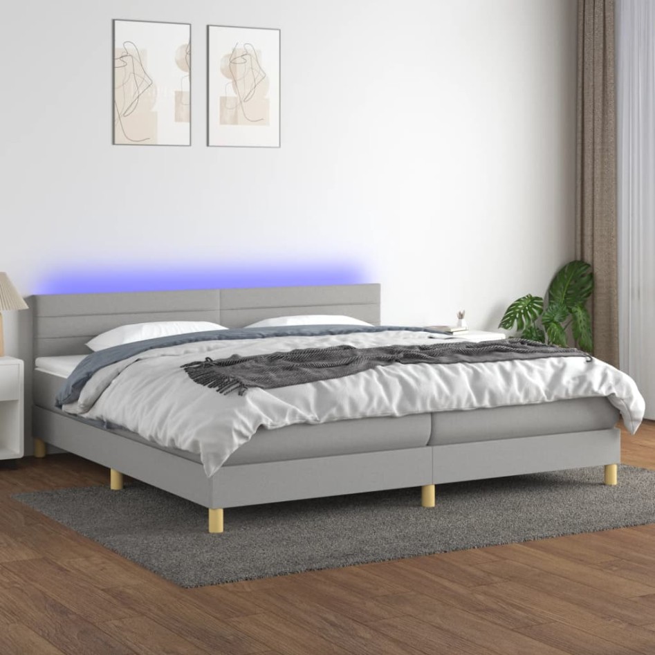 Cama box spring con colchón tela y LED gris claro 200x200