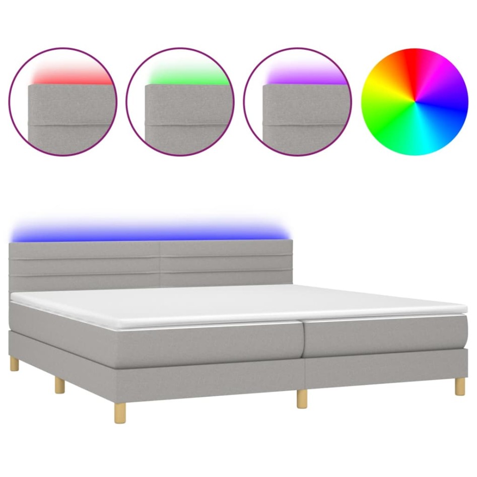 Cama box spring con colchón tela y LED gris claro 200x200