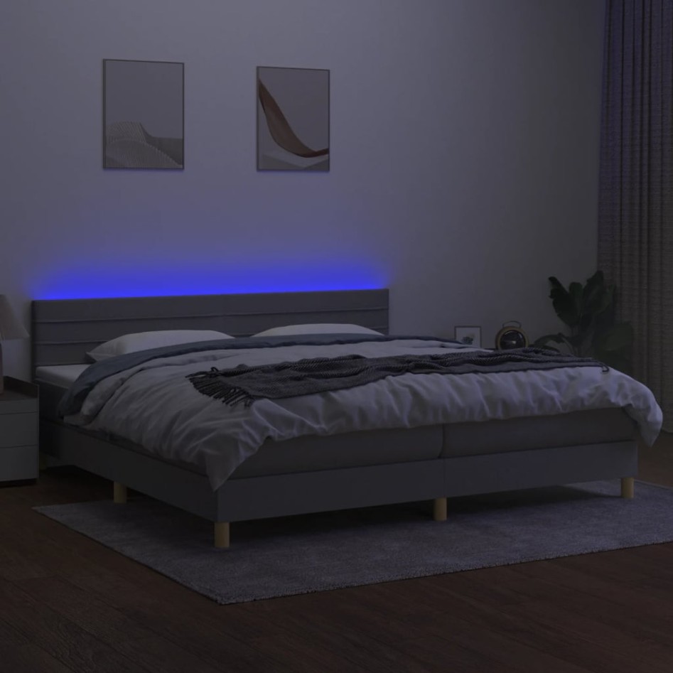 Cama box spring con colchón tela y LED gris claro 200x200