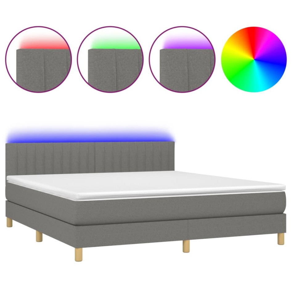 Cama box spring con colchón y LED tela gris oscuro 180x200