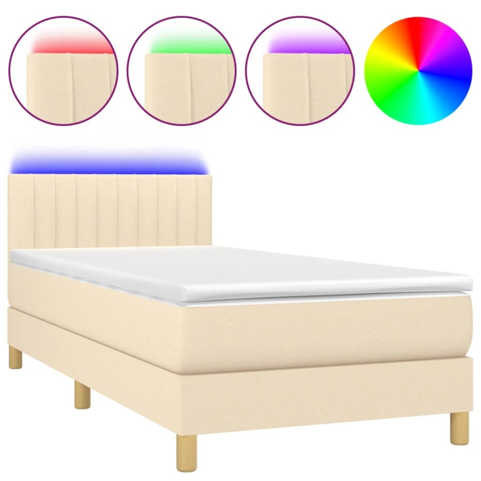 Cama box spring con colchón y LED tela crema 90x190
