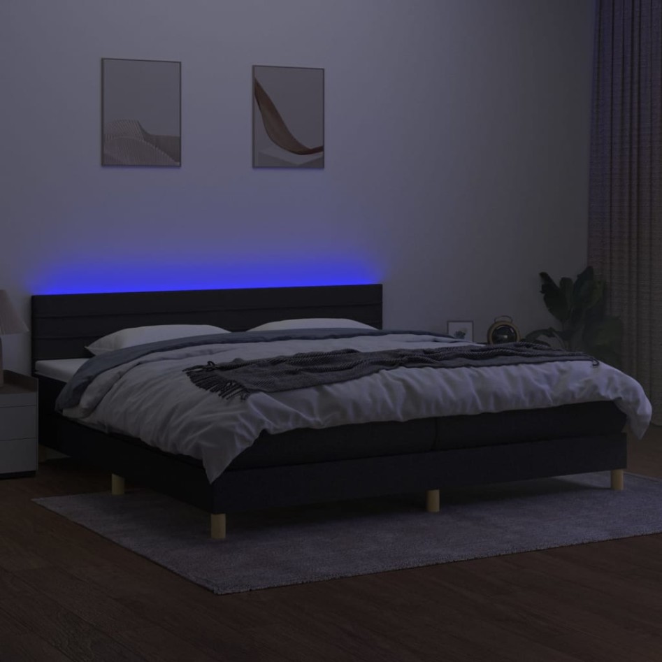 Cama box spring con colchón LED tela negro 200x200