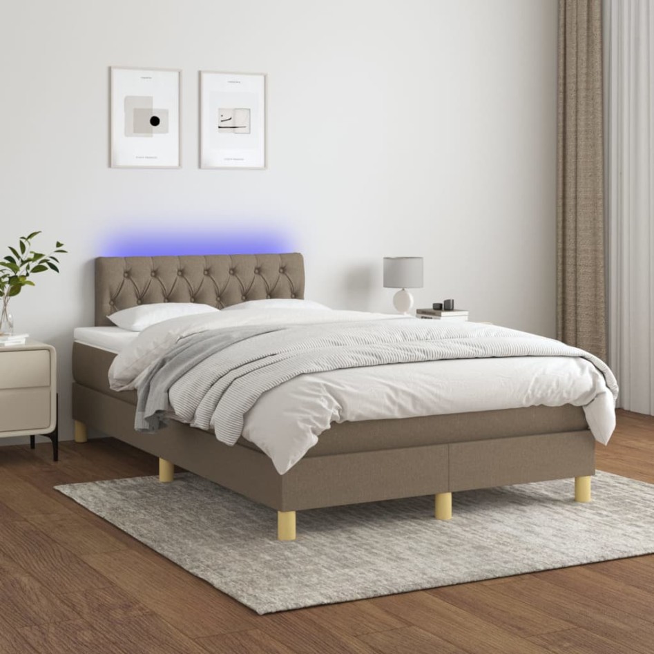 Cama box spring con colchón y LED tela gris taupe 120x200