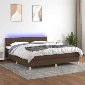 Cama box spring con colchón LED tela marrón oscuro 180x200