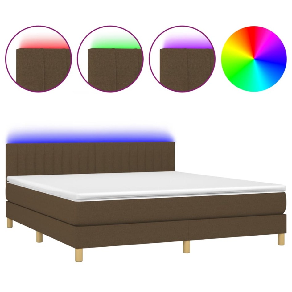 Cama box spring con colchón LED tela marrón oscuro 180x200