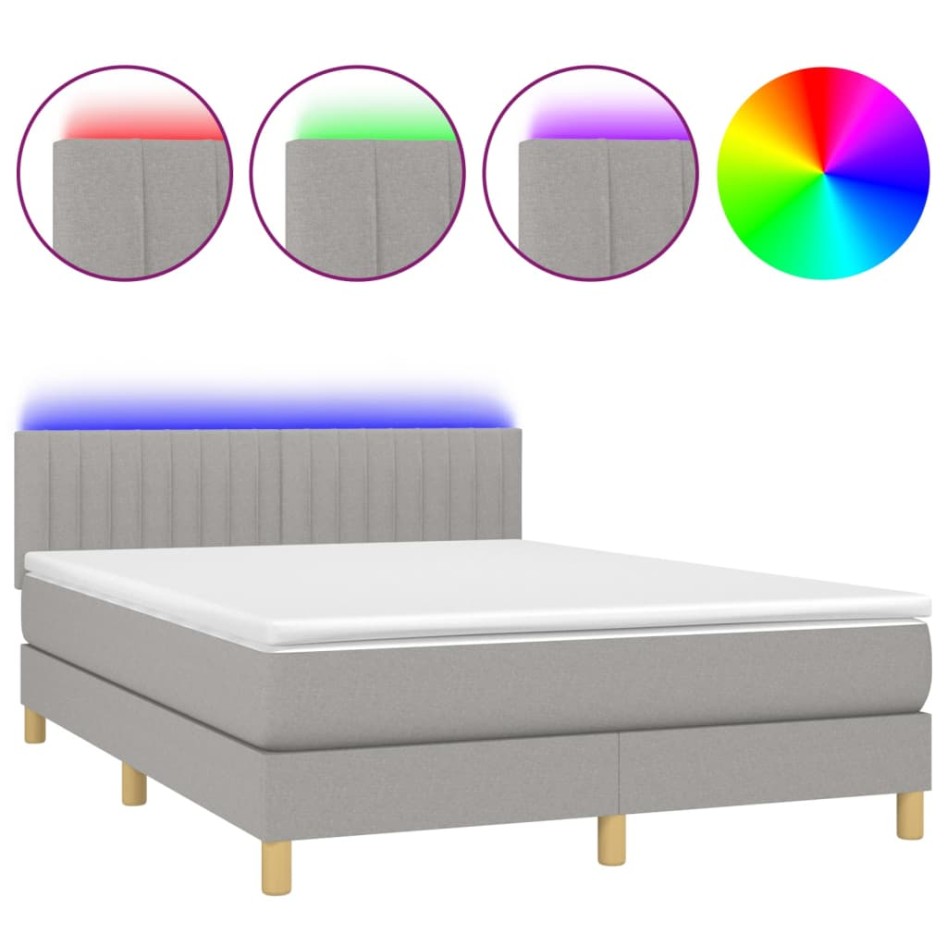 Cama box spring colchón y luces LED tela gris claro 140x200