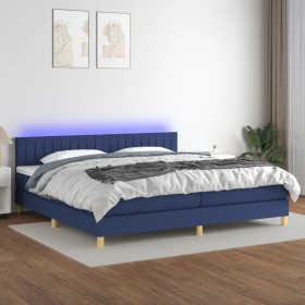 Cama box spring con colchón y LED tela azul 200x200