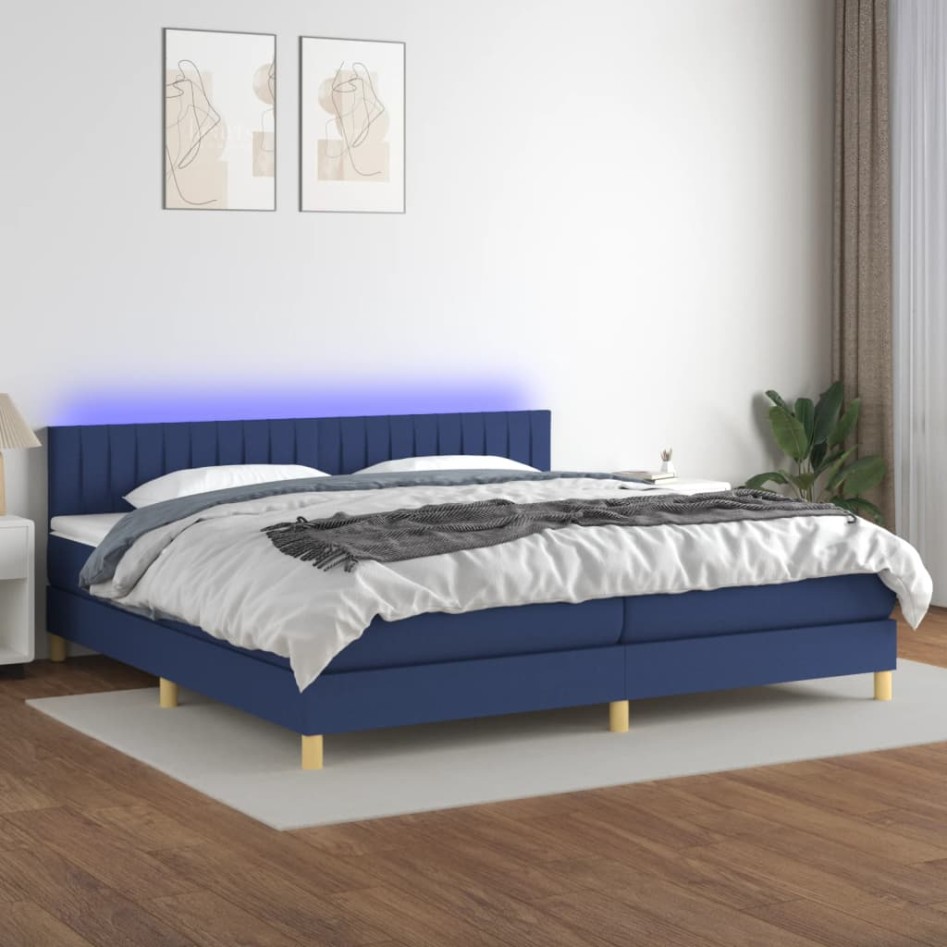 Cama box spring con colchón y LED tela azul 200x200