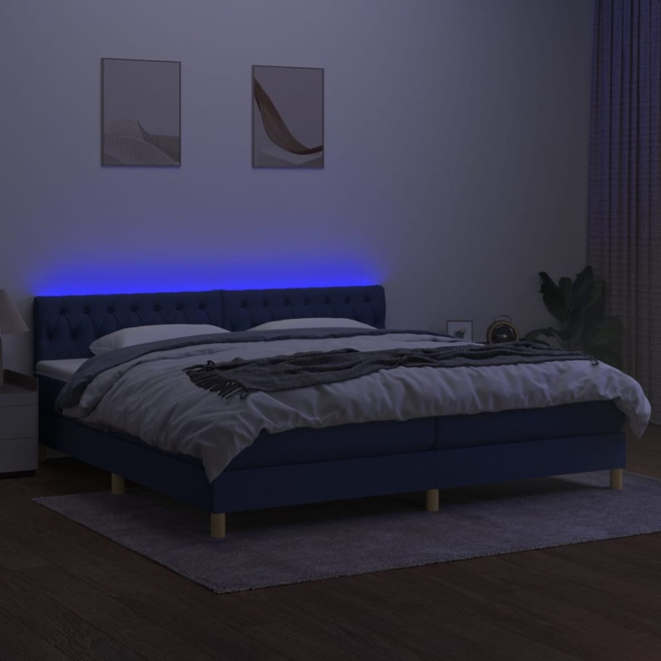 Cama box spring con colchón y LED tela azul 200x200