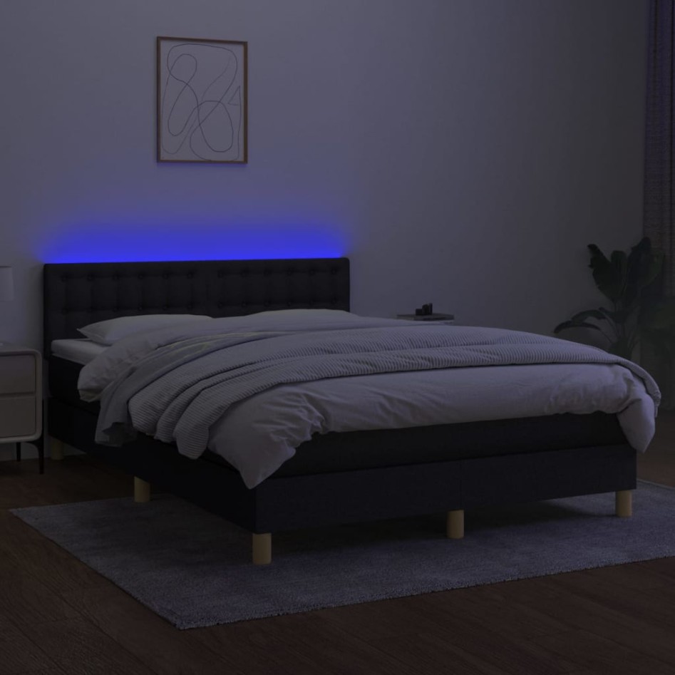 Cama box spring colchón y luces LED tela negro 140x190