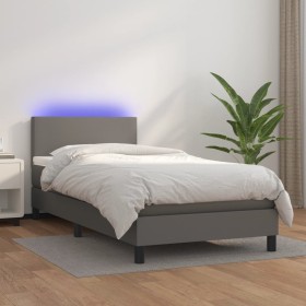 Cama box spring y colchón LED cuero sintético gris 80x200