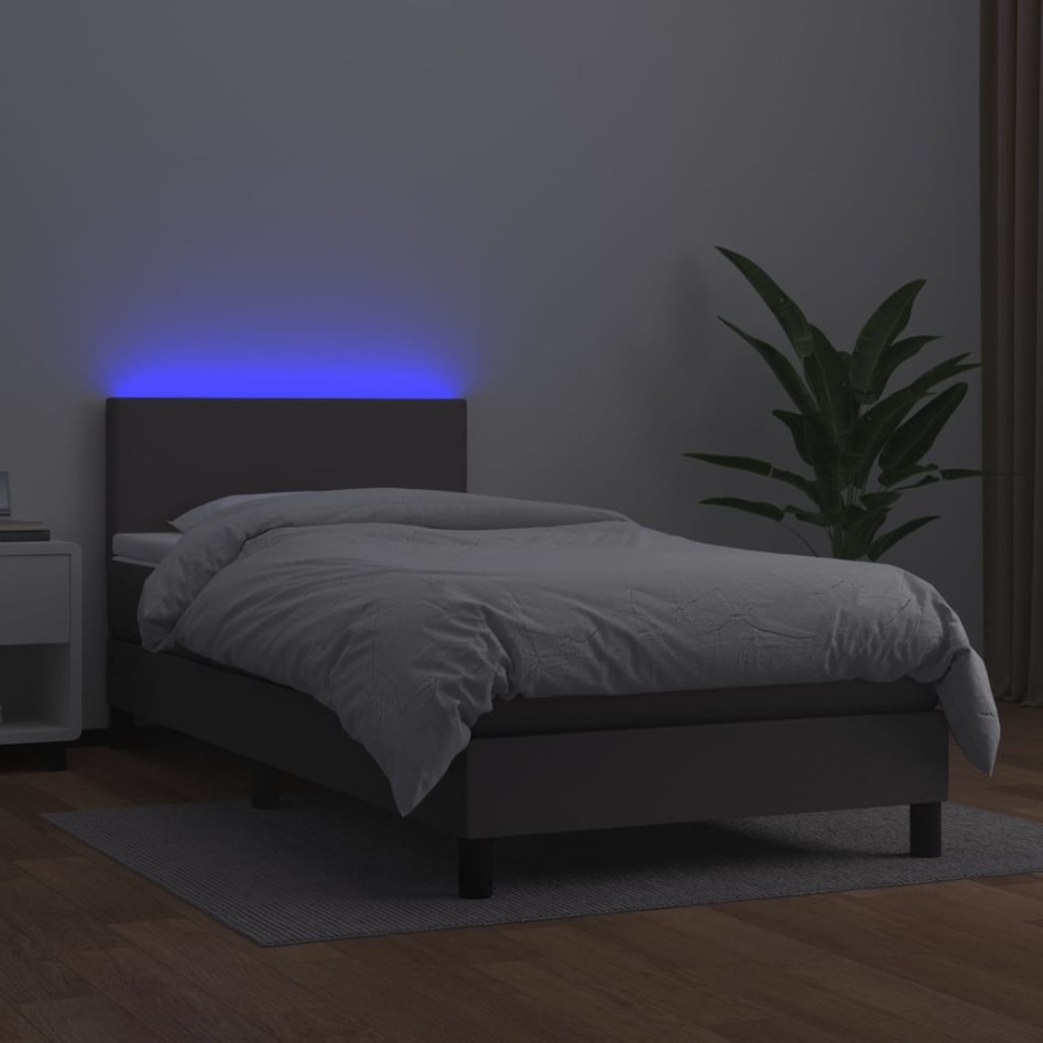 Cama box spring y colchón LED cuero sintético gris 80x200