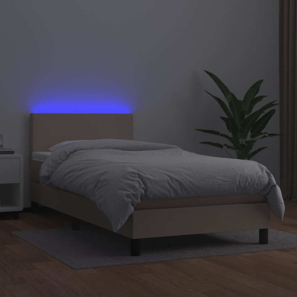 Cama box spring colchón LED cuero sintético capuchino