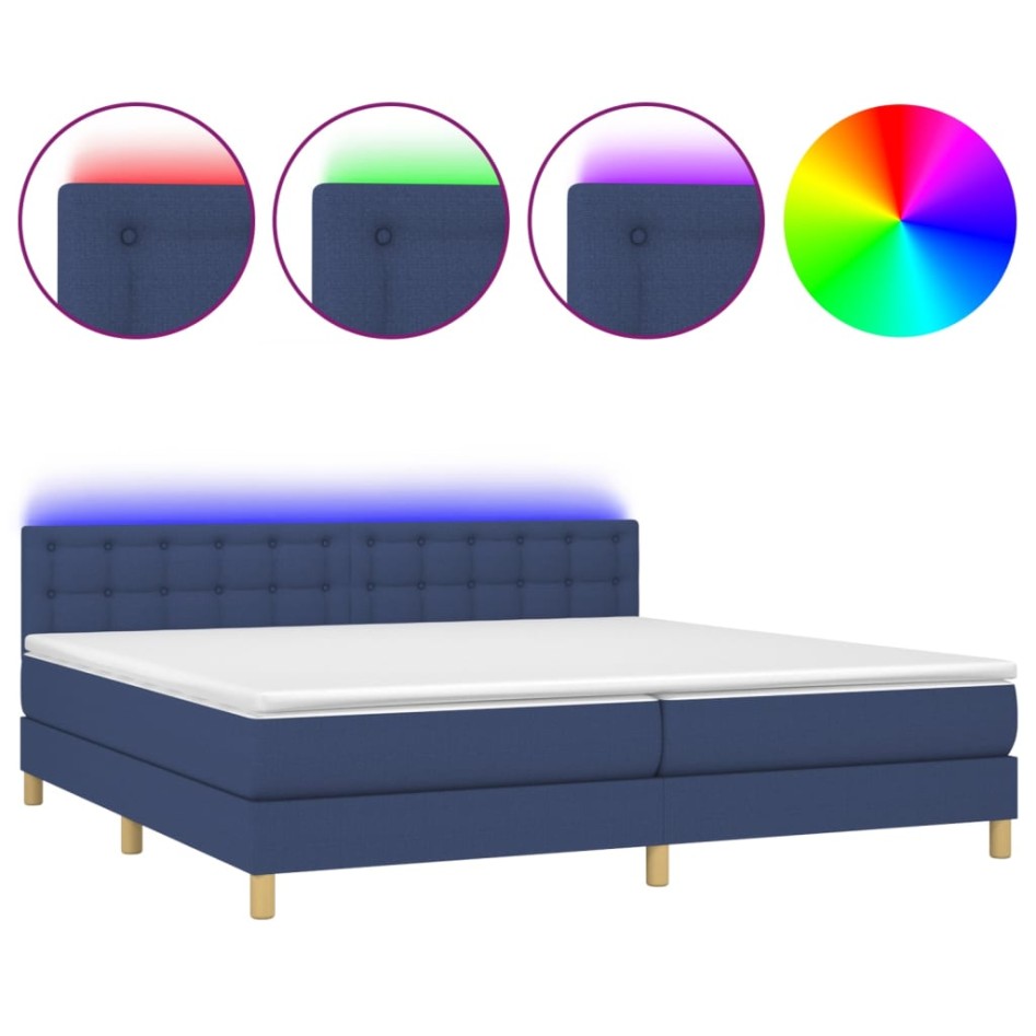 Cama box spring con colchón y LED tela azul 200x200