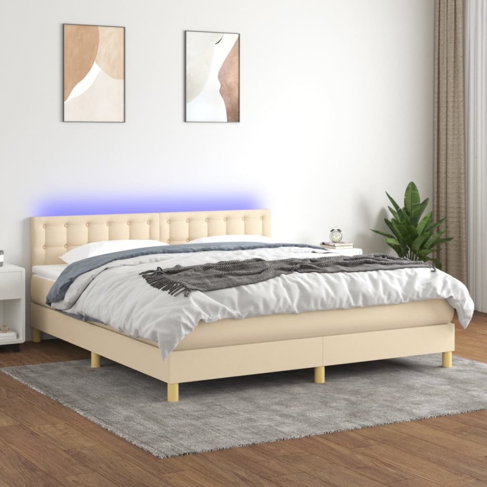 Cama box spring con colchón y LED tela crema 160x200