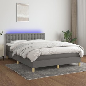 Cama box spring colchón y luces LED tela gris oscuro 140x200
