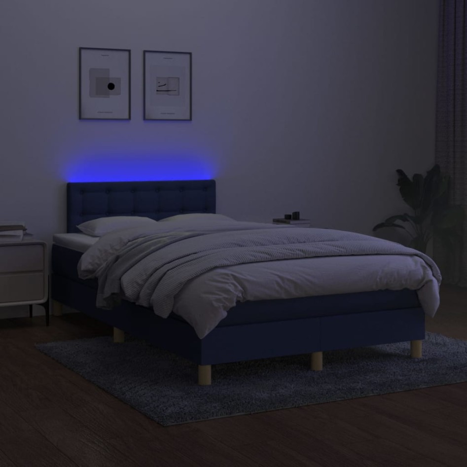Cama box spring con colchón y LED tela azul 120x200