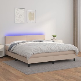 Cama box spring colchón LED cuero sintético capuchino