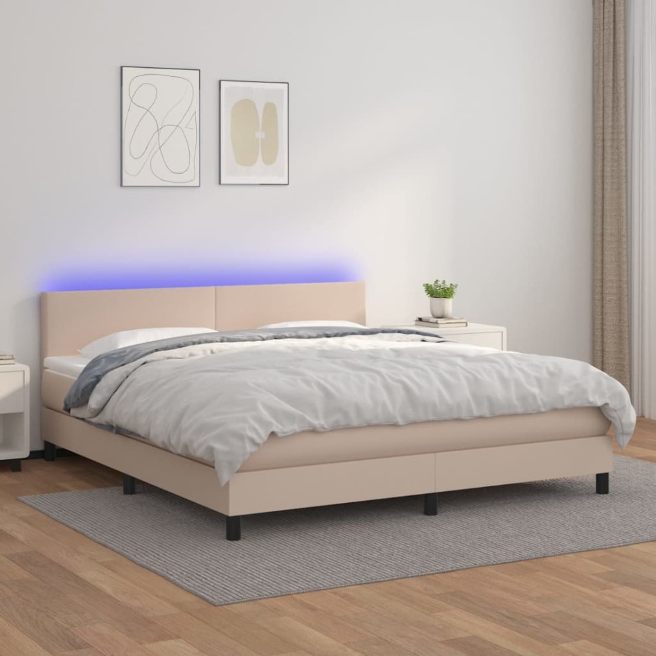 Cama box spring colchón LED cuero sintético capuchino