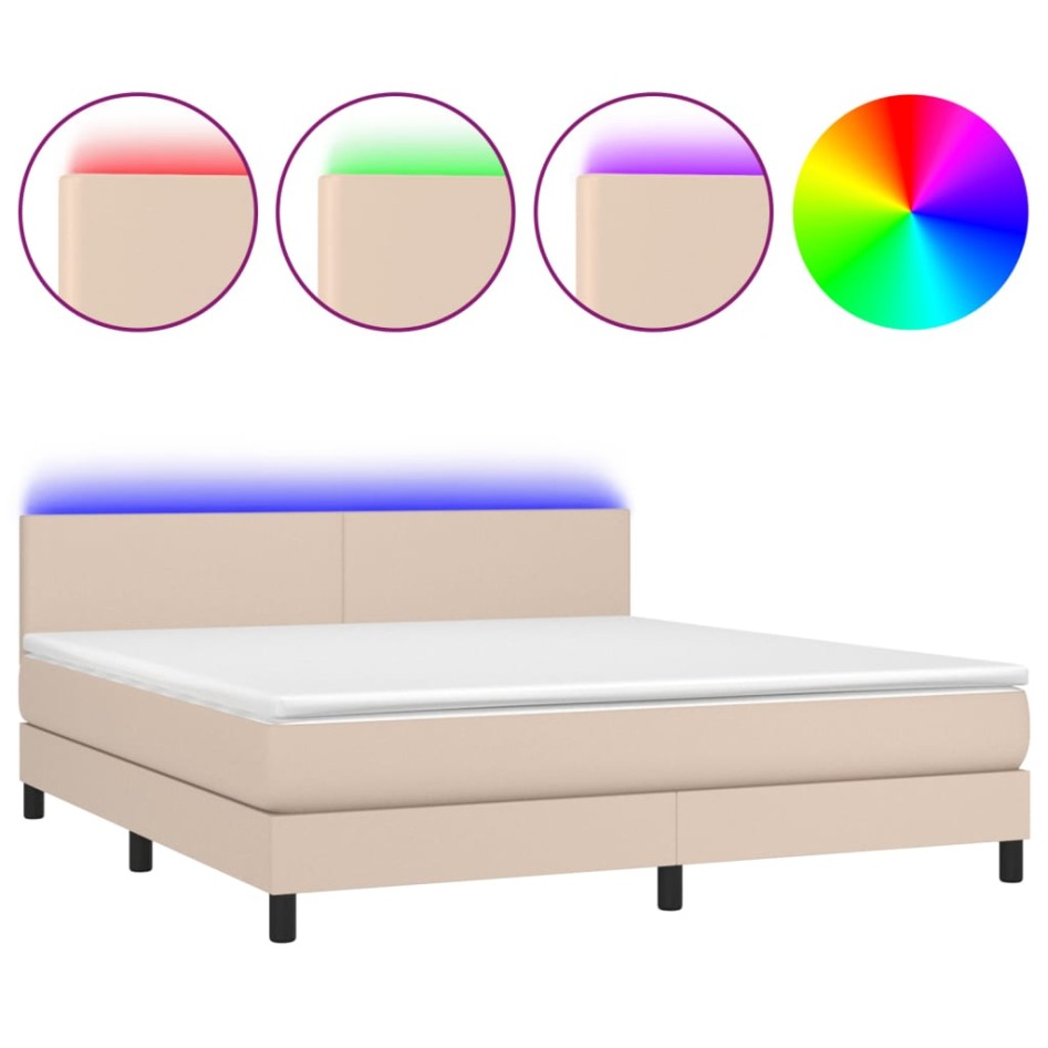Cama box spring colchón LED cuero sintético capuchino