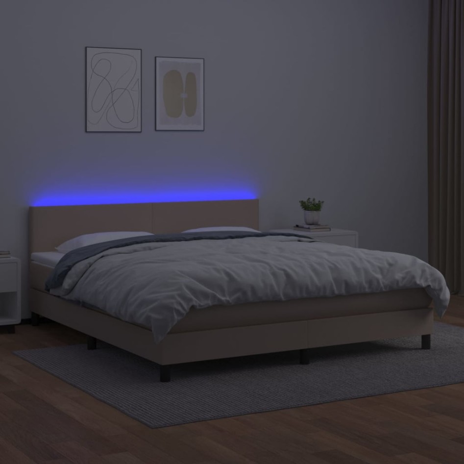 Cama box spring colchón LED cuero sintético capuchino