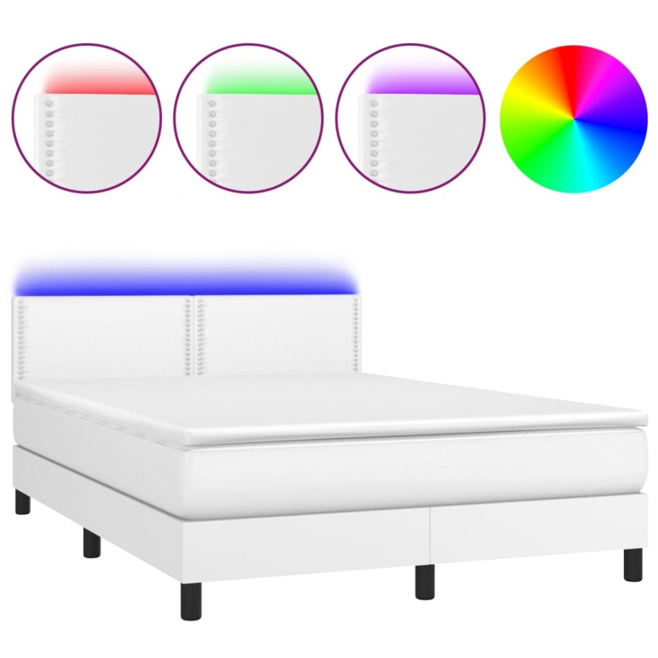 Cama box spring colchón y LED cuero sintético blanco 140x190