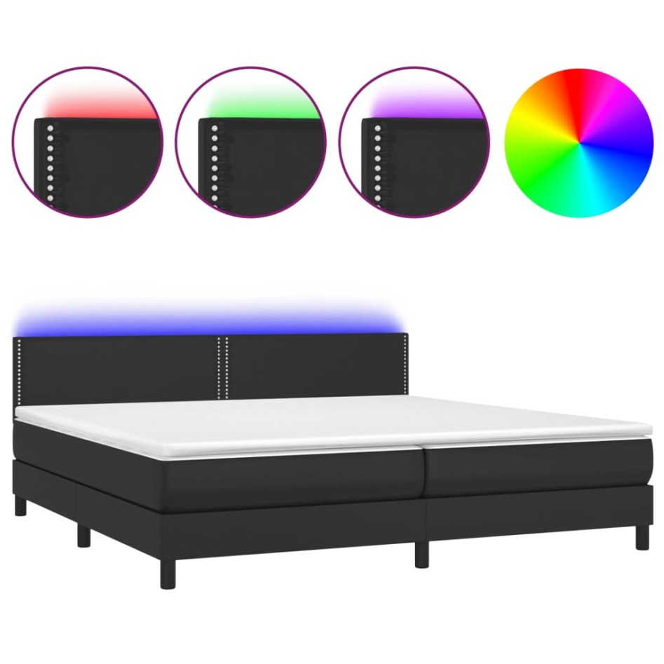 Cama box spring colchón y LED cuero sintético negro 200x200