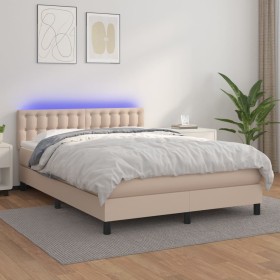 Cama box spring colchón LED cuero sintético capuchino