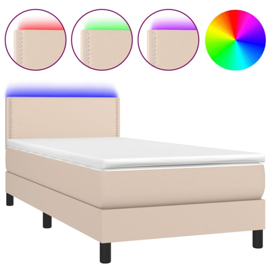 Cama box spring colchón LED cuero sintético capuchino 80x200