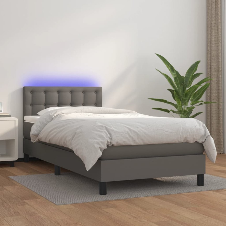 Cama box spring y colchón LED cuero sintético gris 90x200