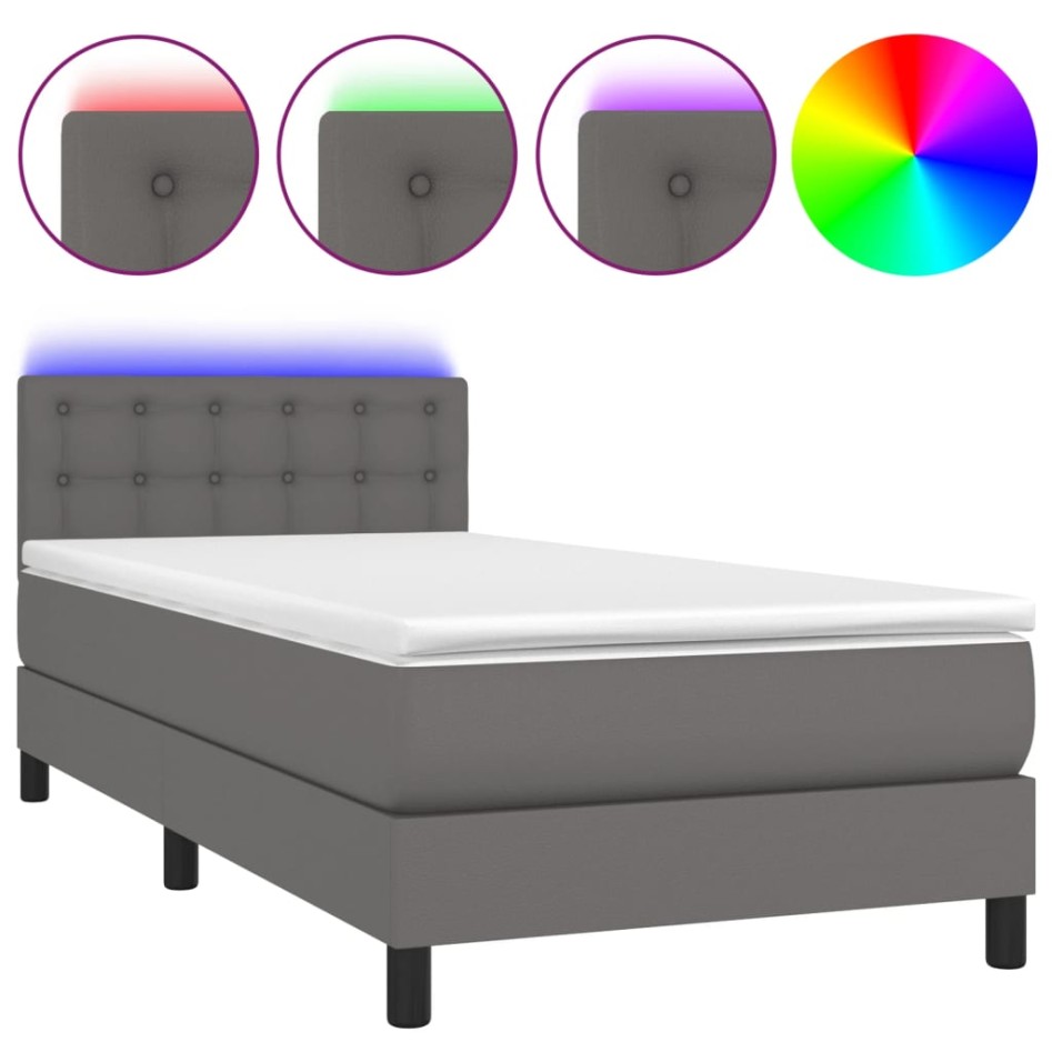 Cama box spring y colchón LED cuero sintético gris 90x200