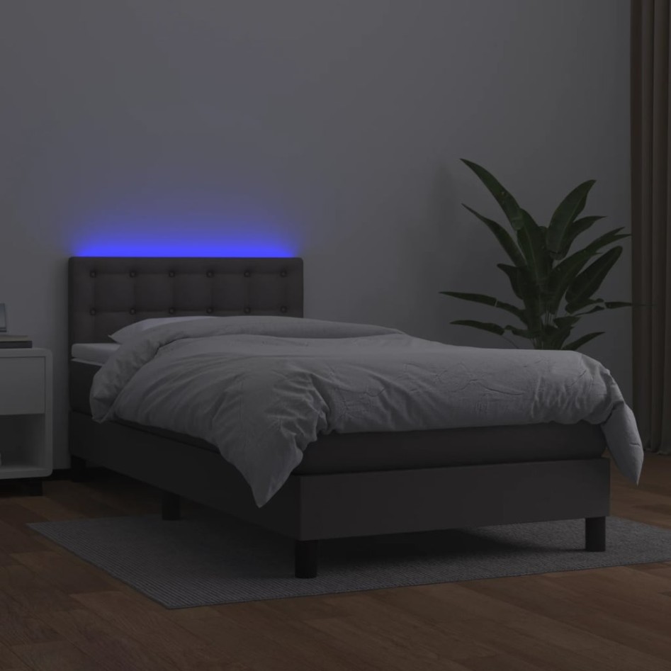 Cama box spring y colchón LED cuero sintético gris 90x200
