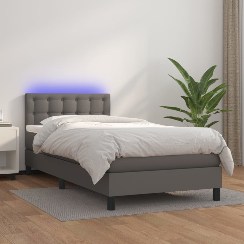 Cama box spring colchón y LED cuero sintético gris 100x200