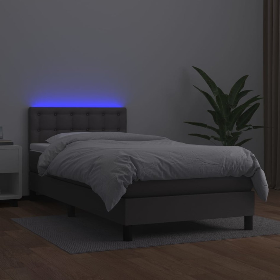 Cama box spring colchón y LED cuero sintético gris 100x200