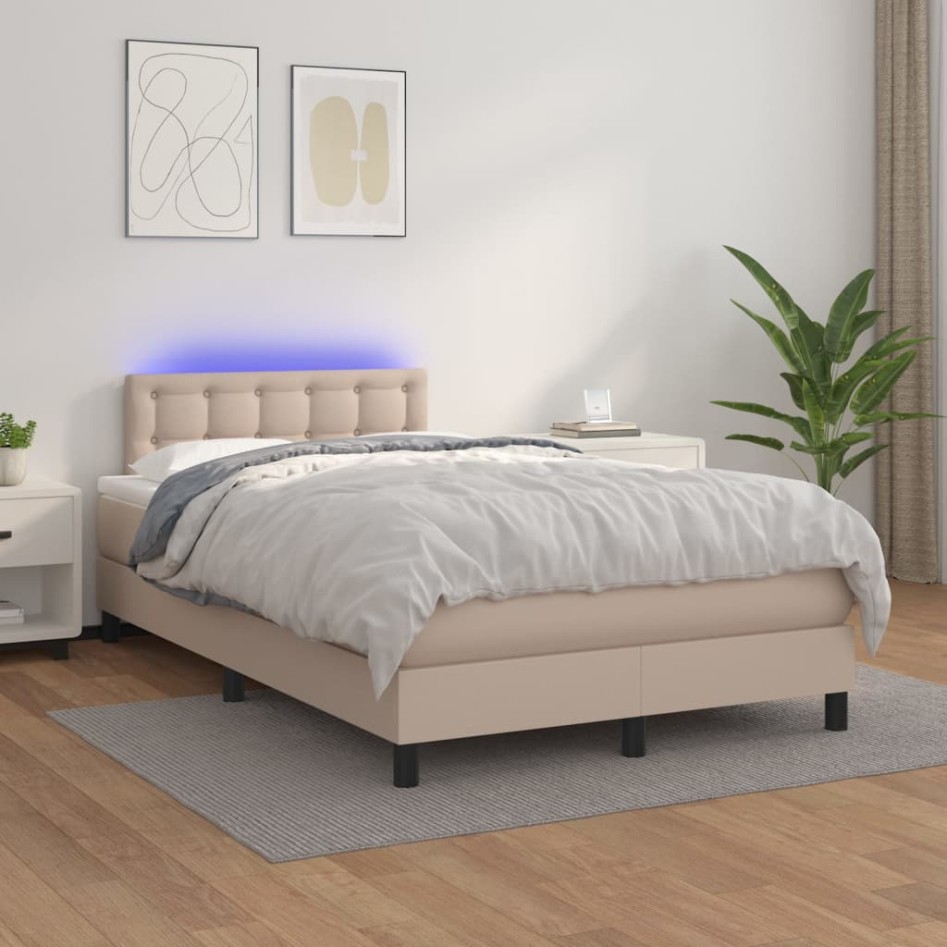 Cama box spring colchón LED cuero sintético capuchino