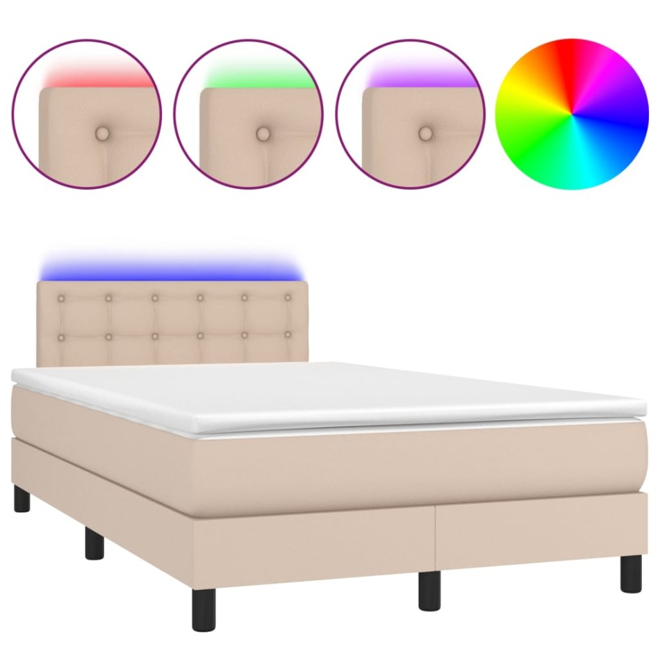 Cama box spring colchón LED cuero sintético capuchino