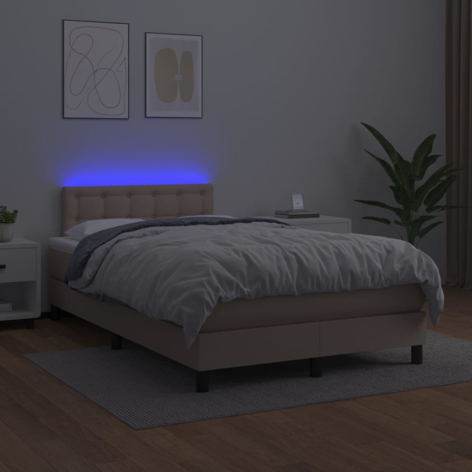 Cama box spring colchón LED cuero sintético capuchino