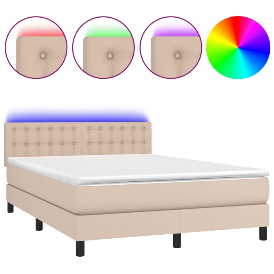 Cama box spring colchón LED cuero sintético capuchino