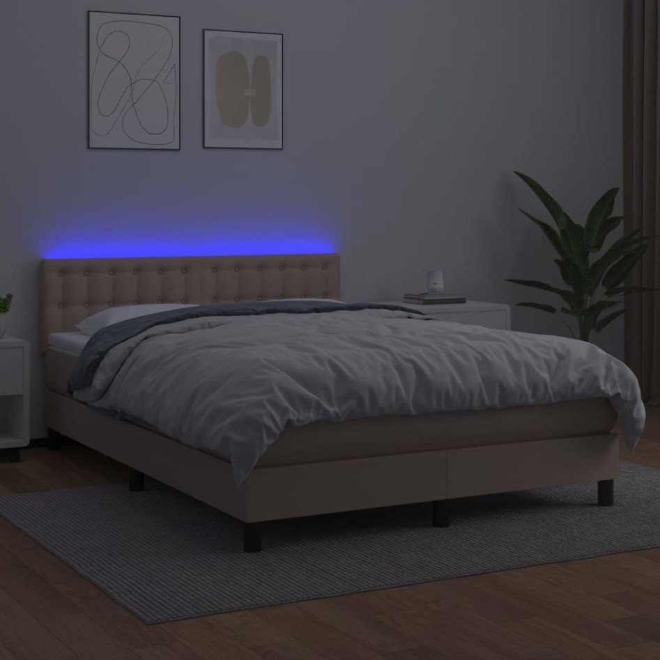 Cama box spring colchón LED cuero sintético capuchino
