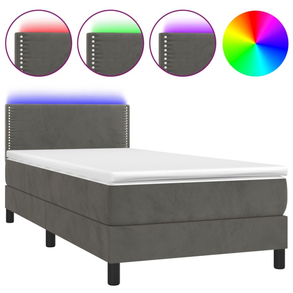 Cama box spring colchón y LED terciopelo gris oscuro 100x200