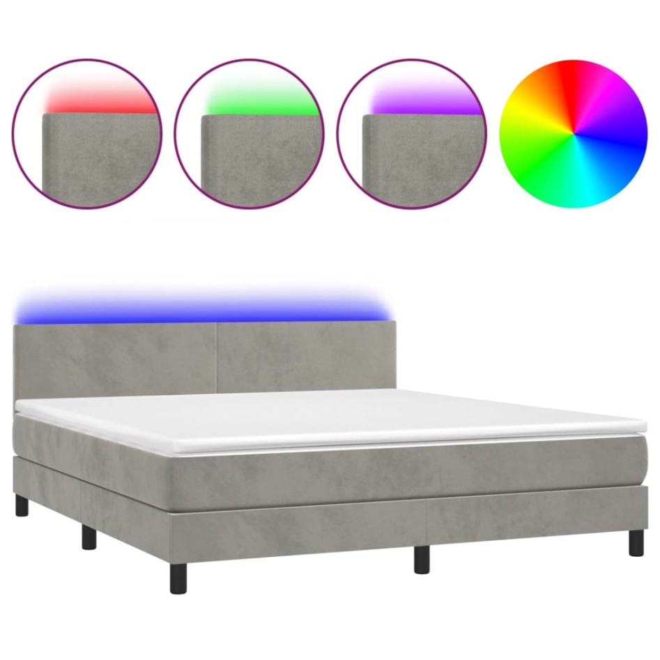 Cama box spring colchón y LED terciopelo gris claro 160x200
