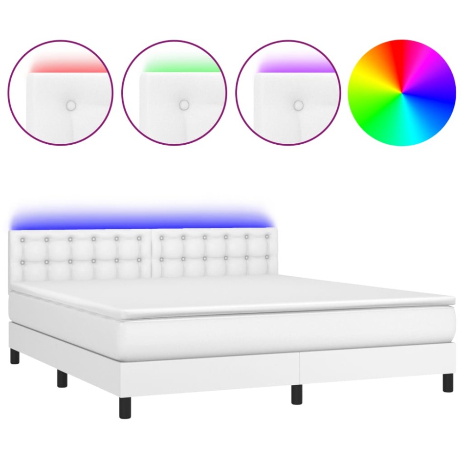 Cama box spring colchón y LED cuero sintético blanco 160x200