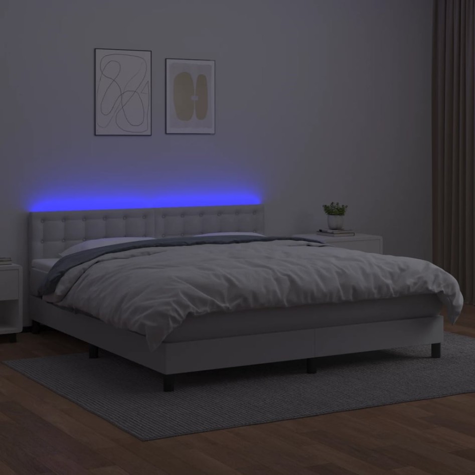 Cama box spring colchón y LED cuero sintético blanco 160x200