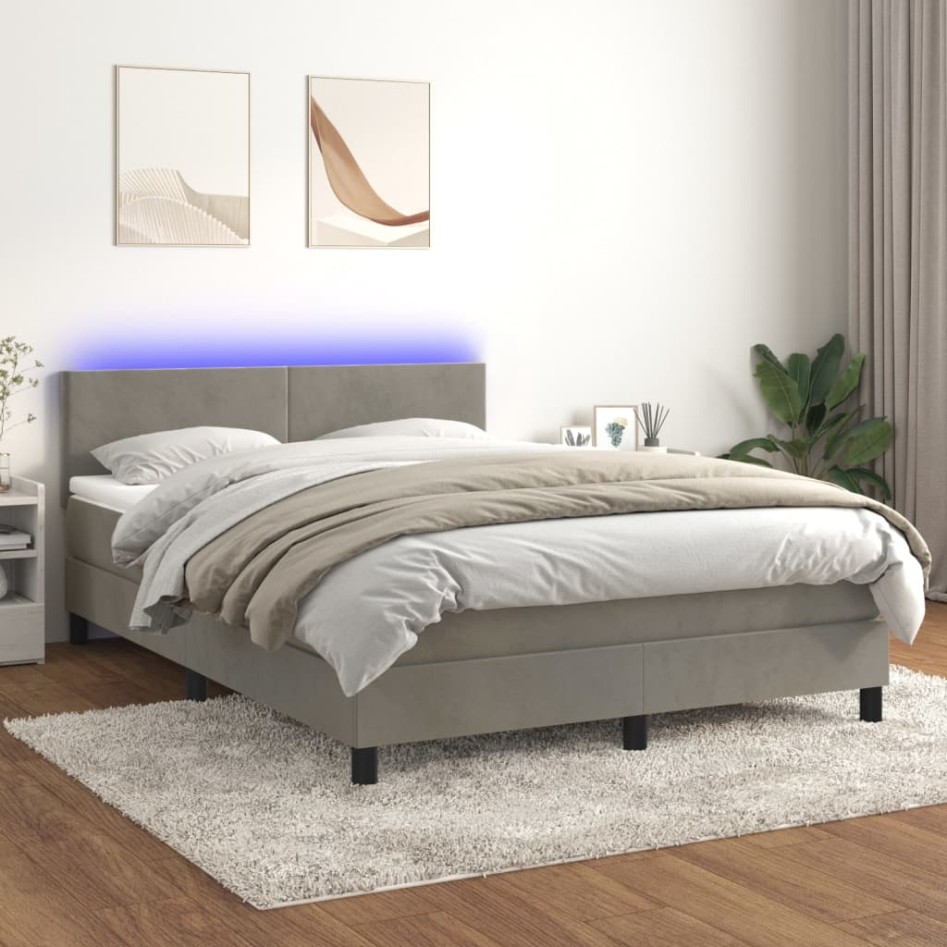 Cama box spring colchón y LED terciopelo gris claro 140x200