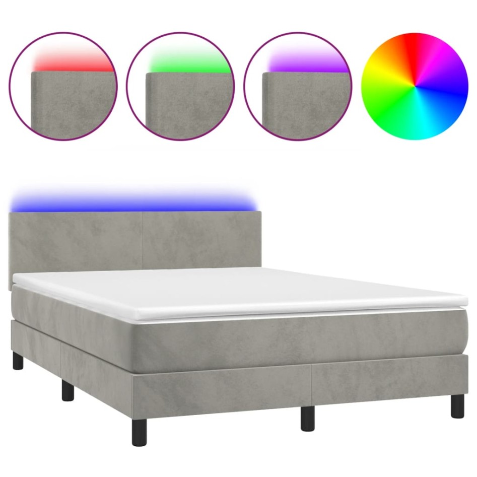 Cama box spring colchón y LED terciopelo gris claro 140x200